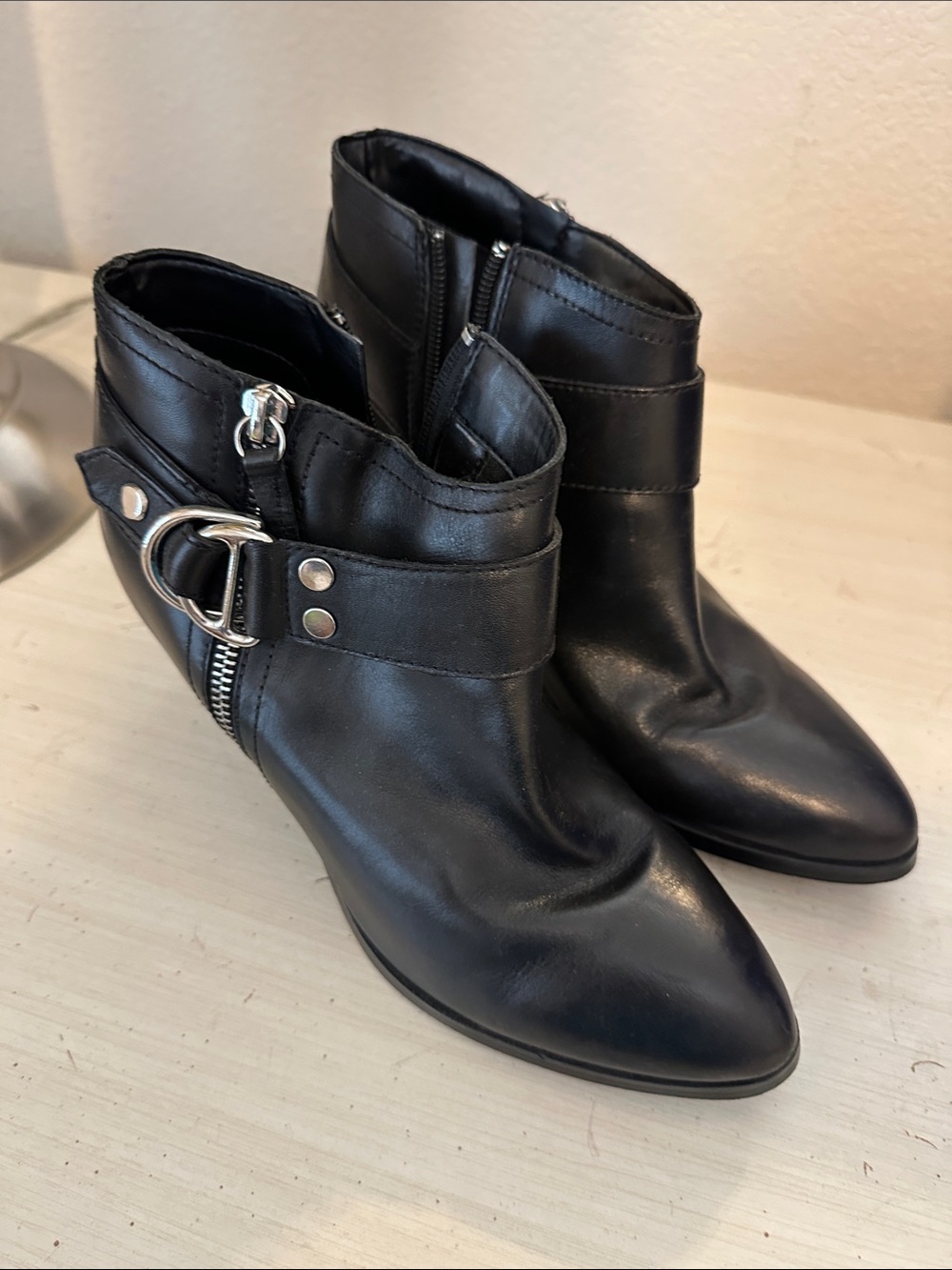 EUC 7.5 Marc Fisher Black Leather Ankle Boots with Silver Buckle Detail